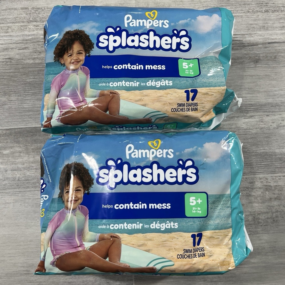 Lot of 2 - Pampers Splashers Swim Diapers Size 5+,‎ 17 Count, Size (Large) NEW